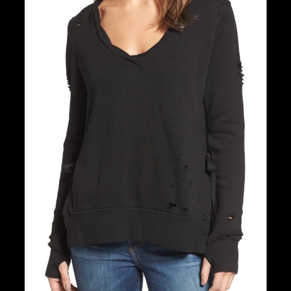 Pam & Gela Black Side Slit V Neck Sweatshirt NWT